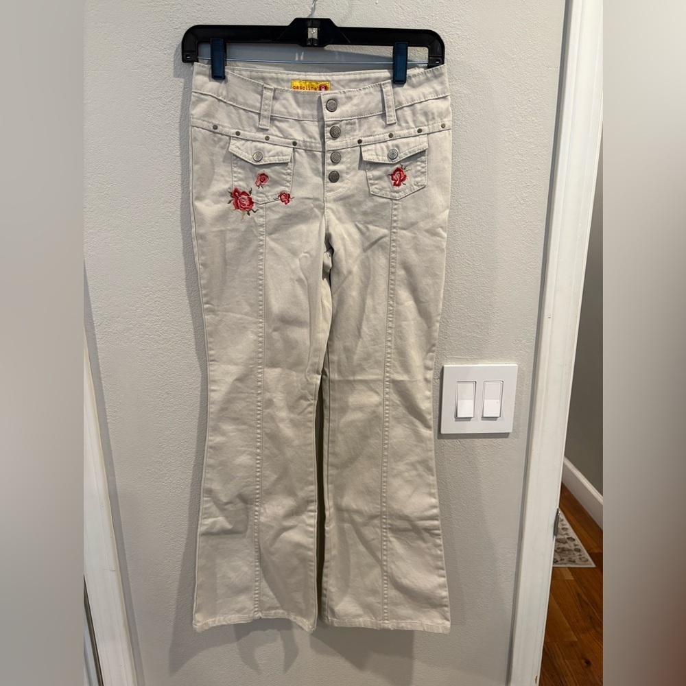 Vintage Y2K Gasoline Hippie Embroidered Flare Khaki Pants Women’s Size 12 EUC - Picture 2 of 16